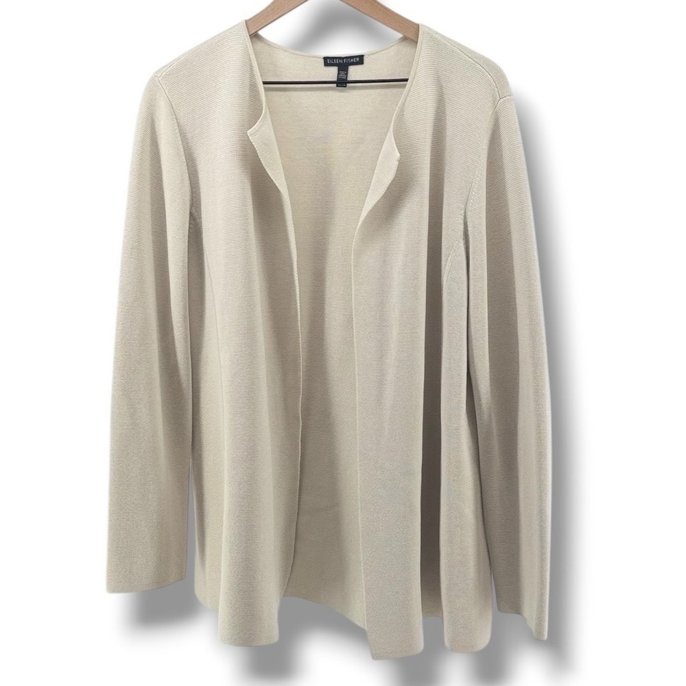 Eileen Fisher Interlock Sweater Cardigan Womens XL Bone Silk Cotton‎ Open Front